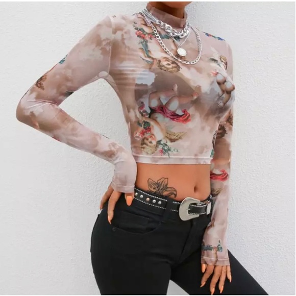 Tops - Cherub Sheer Long Sleeve Crop Top in Tan beige